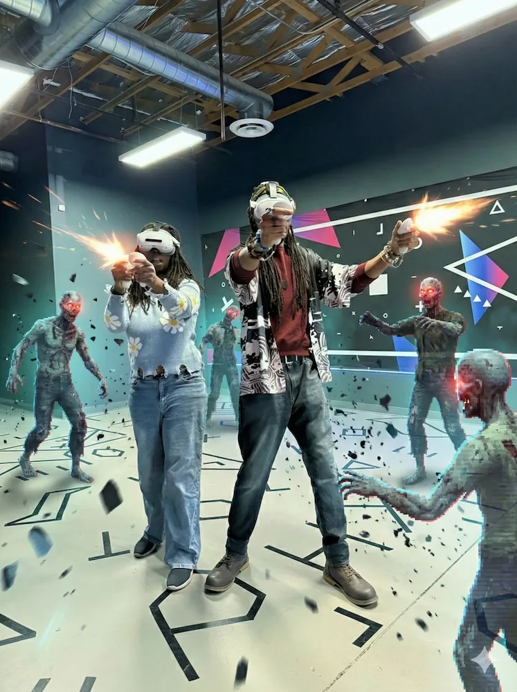 Players in VR headsets solving immersive escape room puzzle at PlayLab PHX virtual reality center Phoenix Arizona