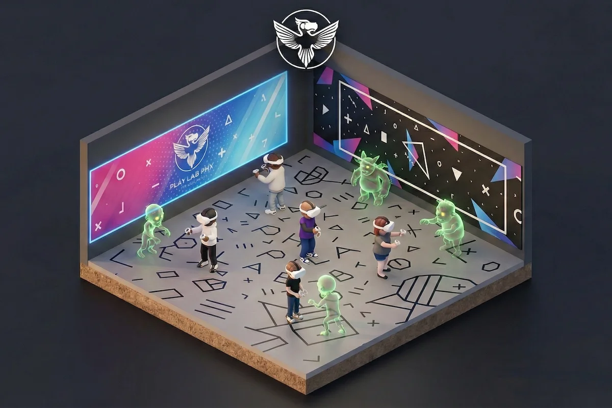 PlayLab PHX free-roam VR arena with up to 6 players battling aliens in wireless VR headsets across 600 square feet